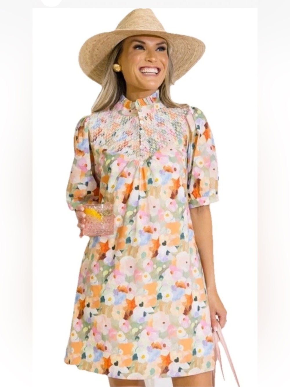 LOVELO Abstract Watercolor Floral Dress Size M Smocked Yoke Dreamy Playful Artsy